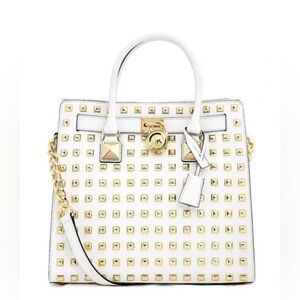 Michael Kors Hamilton Large Pyramid Studded Satchel Shoulder Bag Tote White